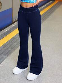 SHEIN Teen Girl Fashion Casual Blue Denim Daily Exercise Basics Stretch Slim Flared Jeans For Girls Soft Dailywear And The Four Seasonsr Teen Girl Clothes - Dark Wash - View 4