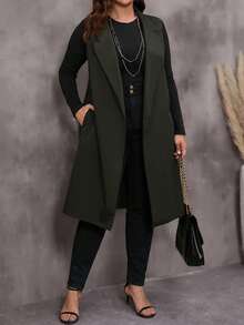 EMERY ROSE Plus Size Casual Commute Solid Color Vest Coat, Winter,,2025 New,Simple And Fashionable For Everyday Wear, Christmas,New Year,Date Night - Army Green - View 1