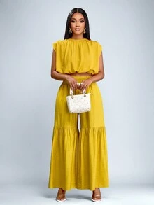 SOLERSUN Elegant Elastic Waist Yellow Slant Pockets Pleated Large Hem Extra Long Wide Leg Pants Fall Cloth For Women - Mustard Yellow - View 8