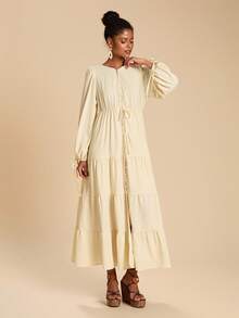 Travachic 度假休闲纯色长袖系带连衣裙 - 杏色 - 查看 7