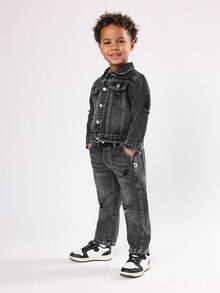 SUMWON 棉质儿童破洞宽松牛仔裤，带破洞细节，灰色牛仔工装裤，常规版型，休闲街头风格，冬季时尚裤装