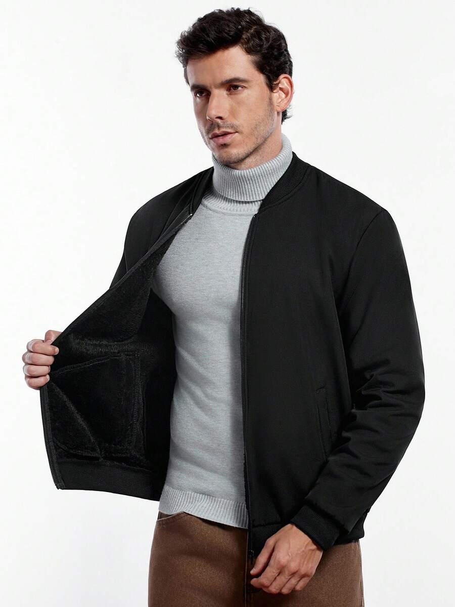Marvello Homme Jaqueta Casual Térmica Masculina de Cor Sólida, Versátil para Outono/Inverno, Jaqueta de Beisebol de Manga Longa para Sair, Presente para Amigos, Marido, Namorado, Jaqueta com Zíper Masculina, Jaqueta Preta Masculina, Jaqueta Casual - Preto - Visão 1