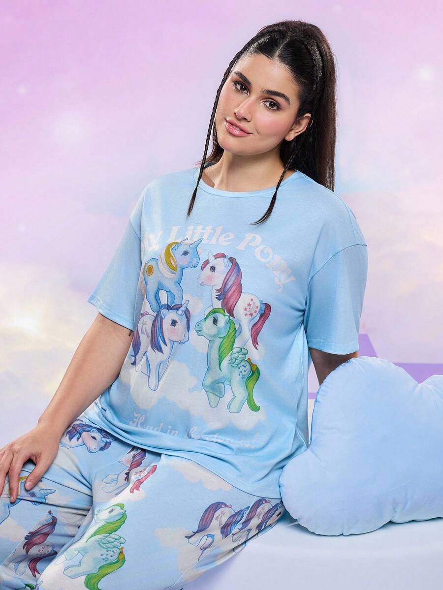 My Little Pony X SHEIN Plus Size Summer Cute Horse Print Round Neck Short Sleeve T-Shirt And Pants Pajama Set