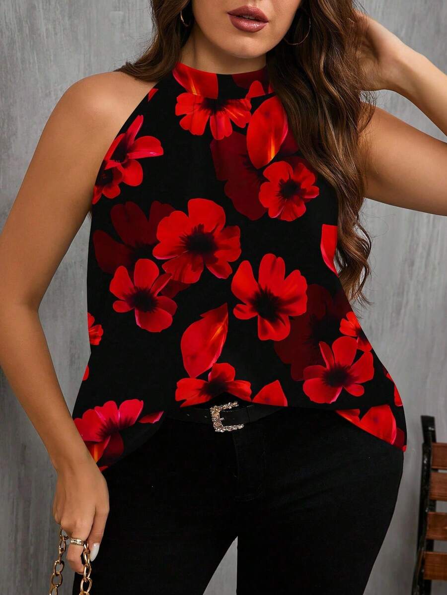 SHEIN Clasi Áo ba lỗ hở vai họa tiết hoa đi nghỉ mát cỡ lớn cho nữ - Nhiều màu - Xem 1