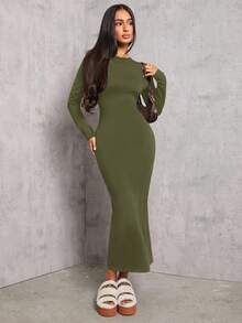 SHEIN PETITE Solid Color Pleated Waist Black Long Sleeve Dress ,Petite Women - Army Green - View 6