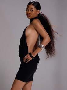 MUSERA 极致深V露背无袖迷你连衣裙，性感外出秋季优雅反乌托邦春夏度假风 - 黑色 - 查看 2