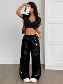 SHEIN PETITE Sequin Elastic Waist Casual Loose Drawstring Pants,Fall - Black - View 1