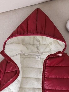 SHEIN Baby Boys Red Thermal Lined Hooded Zip-Up Cotton Padded Jacket, Casual All-Match Versatile Soft Comfortable Outerwear Suitable For Playing In Snow In Winter Fall - Burgundy - View 3