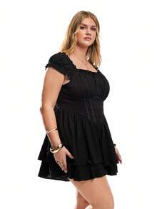 SHEIN EZwear Enterizo para mujer de talla grande con doble capa y dobladillo con volantes en unicolor - Negro - Ver 5