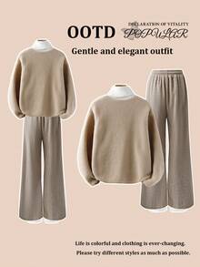 Franclia 女士柔和杏色绒毛V领开衫上衣和几何图案长裤两件套服装，女士开衫套装，女士休闲套装，家居服舒适套装