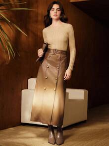Anewsta Nouvelle jupe mi-longue  dégradé, style affaires décontracté, tenue de bureau pour enseignants, pour l'automne/hiver - Tabac - Voir 6