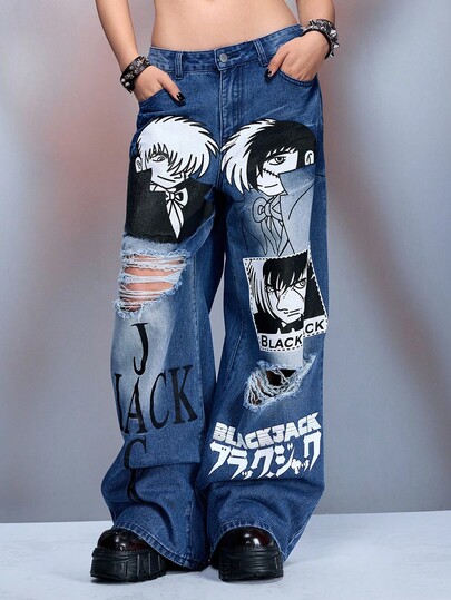Black Jack X ROMWE Jeans casual da donna, stile di strada, con grafica di figure anime, vita bassa, effetto vissuto, modello boyfriend ampio