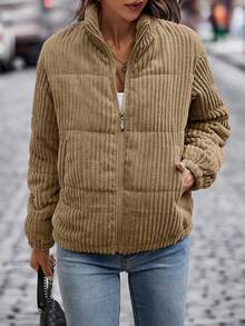 EMERY ROSE Slant Pocket Corduroy Padded Padded Coat Clothes Winter - Khaki - View 3