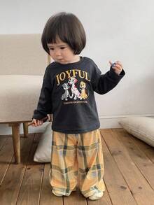 DAZY Conjunto de 2 piezas de pijama para niñas bebé con camiseta de manga corta con estampado de dibujos animados + pantalones holgados casuales a cuadros