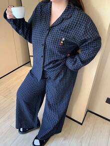 Dazy Plus Plus Size Plaid Loose Pajama Set, Sleepwear, Suitable For All Seasons, Fall Winter Clothes, Cozy Outfit - Navy Blue - View 6