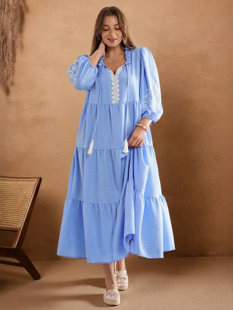 Vestido casual holgado de talla grande para mujer con cuello de corbata con flecos y mangas farol para vacaciones