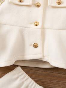 SHEIN 女婴优雅粗花呢荷叶边下摆单排扣夹克和短裤套装 - 白色 - 查看 8