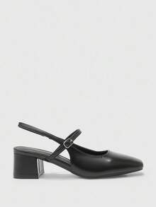 CUCCOO BIZCHIC Women's Square Toe Mid-Chunky Heel Slingback Pumps, Classic Black Minimalist Design, Suitable For Daily Commute, Work, And Casual Outings For Christmas Spring Shoes - Black - View 2