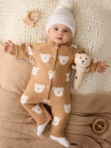 Cozy Pixies Newborn Baby Girl/Boy Cartoon Bear Head Pattern Crew Neck Long Sleeve Romper With Pants, Comfortable All-In-One Bodysuit Autumn Winter Clothes For Women