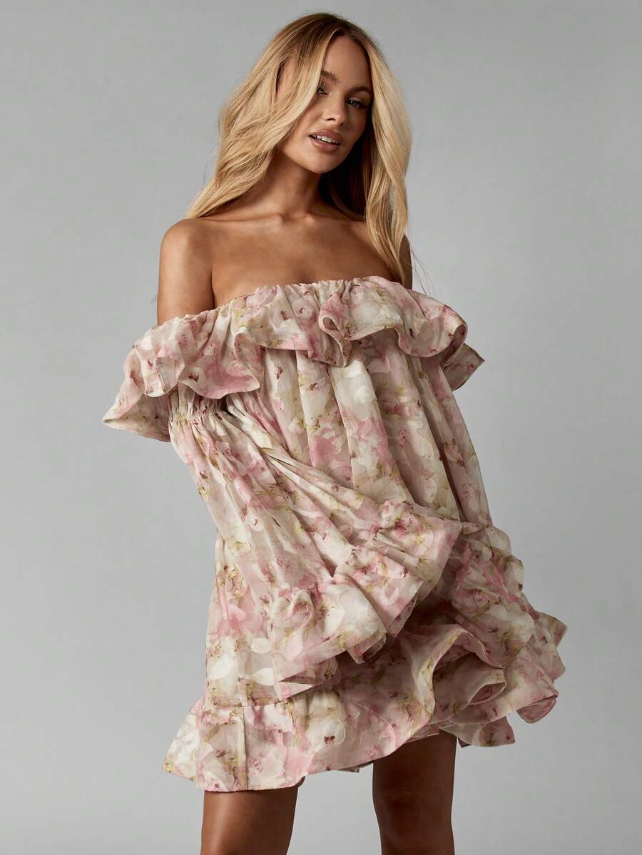 MISSGUIDED Đầm ngắn Bardot bằng chiffon họa tiết hoa, trễ vai, tay dài loe, xếp nếp, thích hợp cho đám cưới, lễ tốt nghiệp, mùa xuân hè, tiệc vườn, các dịp đặc biệt. - Hồng - Xem 1