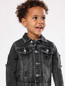 SUMWON 儿童经典牛仔夹克破洞设计街头风格卡车司机牛仔外套都市时尚休闲日常冬春两用