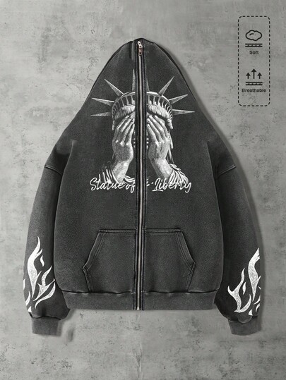 Street Life Sudadera de manga larga con bolsillo y estampado gráfico religioso asimétrico para hombre, otoño