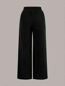 SHEIN Tall Celana Panjang Wanita Polos dengan Tali Serut, Kasual, Serbaguna, untuk Sehari-hari, Bepergian, Liburan, Musim Gugur, Hitam Putih - MultiWarna - View 5