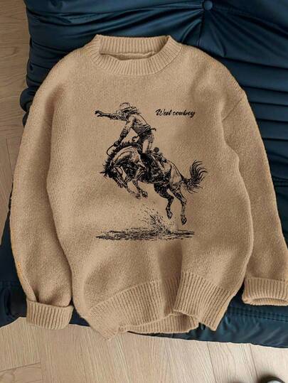 Easelle Suéter de mujer estilo vintage western con estampado de mezclilla marrón