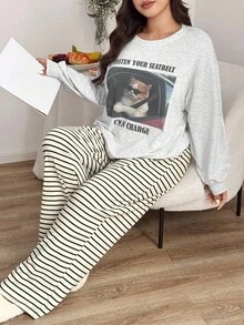 Dazy Plus 大码女式卡通猫咪印花宽松上衣和条纹裤睡衣套装，冬季、秋季服装 - 灰色 - 查看 7