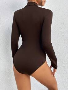 INAWLY Solid High Neck Bodysuit Fall Cloth For Women - Coffee Brown - View 2