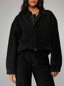 MISSGUIDED Áo khoác denim bomber cotton chấm bi thiết kế cổ điển cho mùa thu đông, in họa tiết toàn thân, phong cách cổ điển, dáng ngắn, dạo phố - màu đen - Xem 5