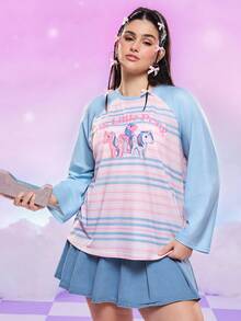 My Little Pony X SHEIN 加大码条纹马匹印花长袖 T 恤，秋季可爱上衣 Y2k 女式套头衫女式套头衫可爱女式上衣卡通图案上衣 - 彩色 - 查看 6