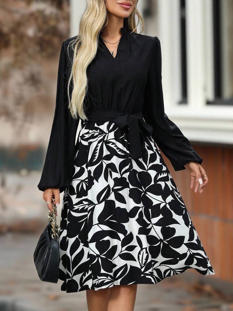 Women's Floral Print Patchwork Lantern Sleeve Midi Dress Fall Clothes For Women Black And White Floral Dress Long Sleeve Black And White Dress Black Floral Print Dress Elegant Black And White Dress Going Out Dress Graduation Dresses For Ladies Chic Dress