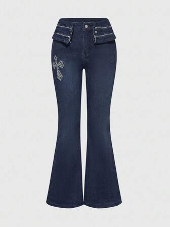 Grunge Punk Y2K-Retro-Subkultur figurbetonter Schlagjeans in Knielänge mit Kreuz-Nieten und Pentagramm-Patch, für Frauen