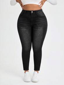 SHEIN SXY Talla grande Jeans ajustados unicolor - Negro - Ver 1