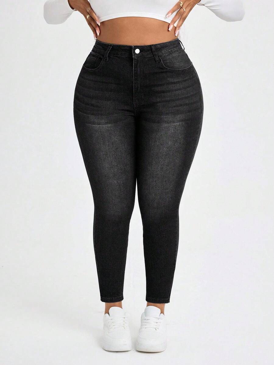 SHEIN SXY Talla grande Jeans ajustados unicolor - Negro - Ver 1