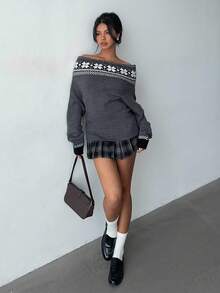 Aloruh Women's Elegant Grey Autumn Sweater,Fair Isle Pattern Christmas Off-Shoulder Puff Sleeve Pullover,Cozy Fall Winter Top Jumper For Brunch Apparel - Dark Grey - View 1