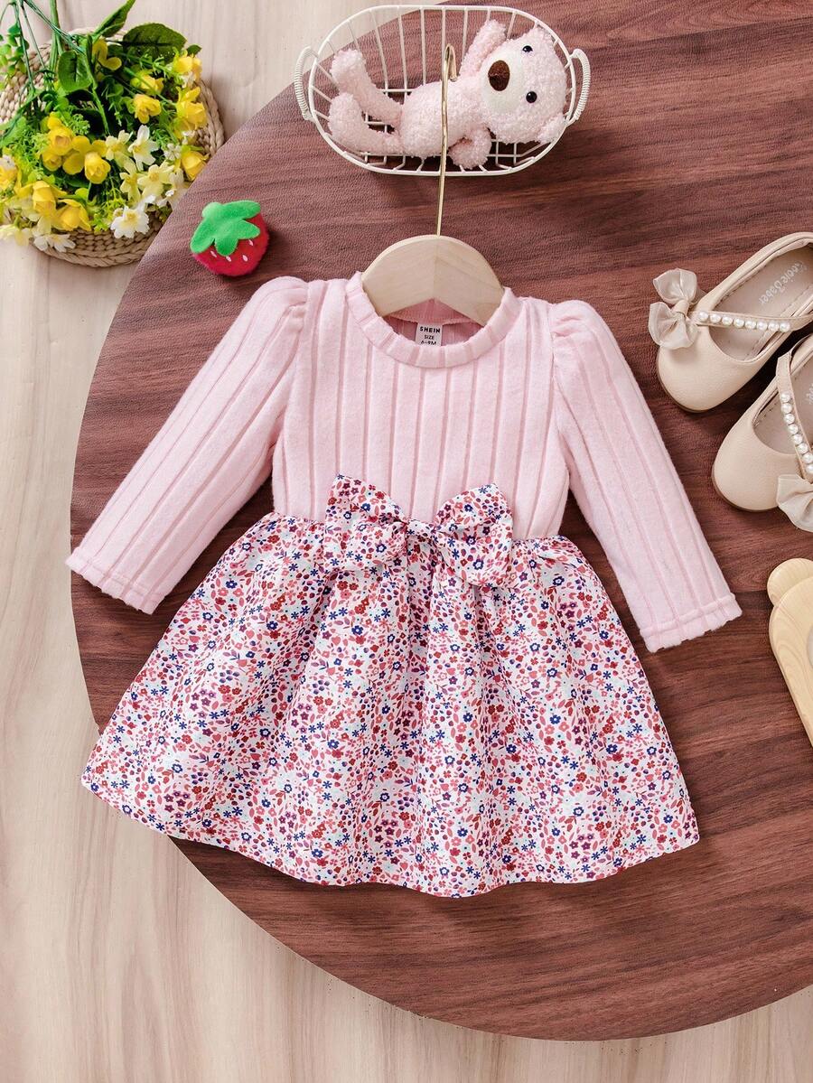 SHEIN Vintaside Kids 女婴休闲碎花长袖罗纹针织连衣裙,秋季 - 粉色 - 查看 1