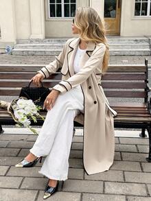 Serisse 女式秋季磨边双排扣翻领长袖系带休闲风衣 - 杏色 - 查看 1