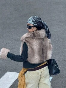 Muchica 2025 Neu Herbst/Winter Damen Mode Kunstfell Kragen Reißverschluss Kurze Jacke für Ausgehmodeoutfits, Schulanfang, Streetwear, Grunge und Punk Chic, Y2K Kleidung - Braun - Übersicht 2