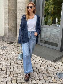 DAZY 女士休闲镂空针织中长开衫 - 卡其色 - 查看 6