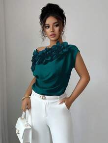 Elenzga 女式纯色 3D 花卉装饰褶饰肩部时尚衬衫 - 水鴨藍 - 查看 3