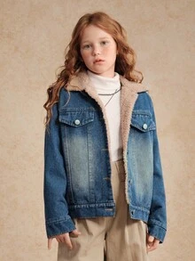 少女休闲水洗蓝牛仔保暖外套，秋冬季百搭单品