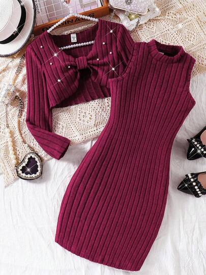 Set de 2 piezas de ropa casual para niñas, blusa de manga larga con decoración de perlas y vestido con dobladillo en línea A, elegante ropa exterior para primavera/otoño