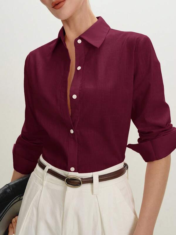 BizChic 2025 Autumn/Winter New Berry Color Shirt, Turndown Collar Front Button Contrast Color Women's Shirt, Modern Elegant Fashion Commute Business Casual Office Wear, Vintage Style Versatile All-Match Romantic, Suitable For Formal Occasions, Parties, Beach, Weddings, Concerts, Brunch, Airport, National Day, New Year, Christmas, Halloween Casual Outerwear,Red Top