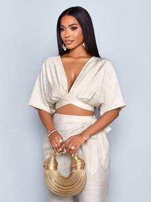 SOLERSUN Women's Boho Beach Linen Viscose Deep V Neck Backless Ruched Crop Tie Back Blouse,Suitable For Vacation