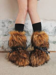 Sugerpunk Women's New Chunky Sole Faux Fur Snow Booties With Rivets, Lace-Up Dark Slim Ankle Boots - Brown - View 6