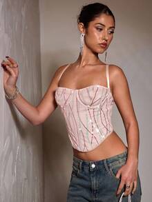 SHEIN BAE Camiseta de tirantes delicada y brillante para mujer, adecuada para fiestas, banquetes, eventos de cóctel y salidas nocturnas en otoño - Albaricoque - Ver 4