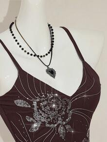 SHEIN ICON Áo hai dây thêu hoa sequin lấp lánh thời trang Boho cổ điển mùa hè Y2k dành cho nữ đi chơi - màu nâu - Xem 8