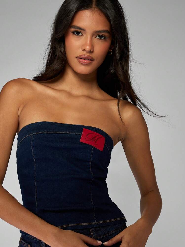 MISSGUIDED Cotton Denim Bandeau Strapless Crop Top Fitted Corset Style With Red Patch Detail Back Zipper Classic Casual Summer Fashion